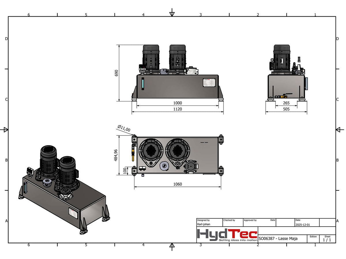 Technical drawing sheet showing multiple orthographic views and an isometric rendering of a HydTec hydraulic power unit with dimensions, on a white background with grid lines.