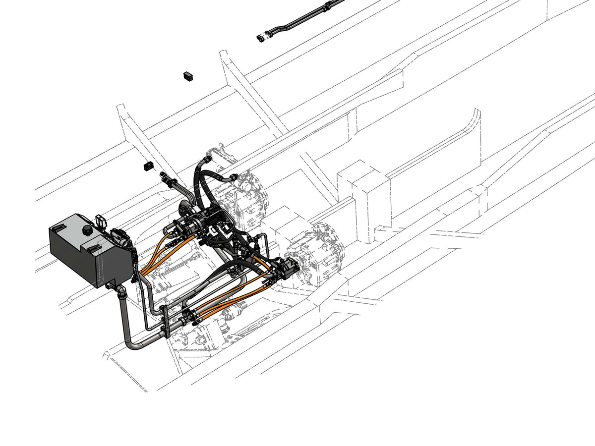 Technical line drawing of a mechanical hydraulic or transmission system with hoses, pipes, and a control box, shown on a white background.